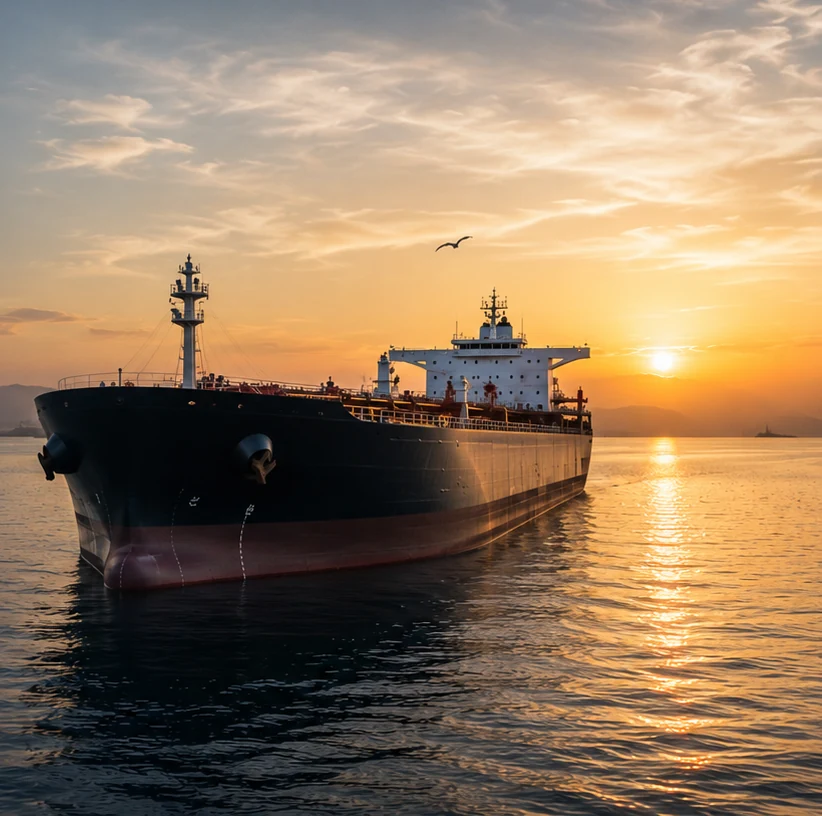 Illustrative tanker at sea in warm evening light